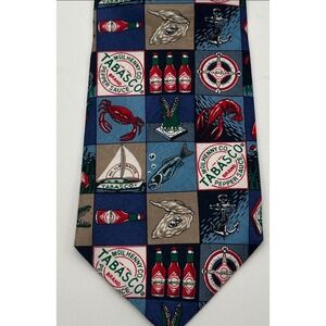 TABASCO Novelty Necktie Mens Tie Blue Multicolor Seafood Nautical Hot Sauce Silk